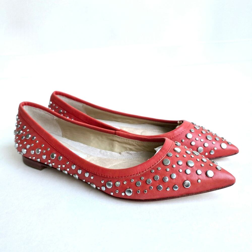 DVF Studded Flats Sz 7.5 Orange Leather Silver Stud Furstenberg Ara Pointed Toe